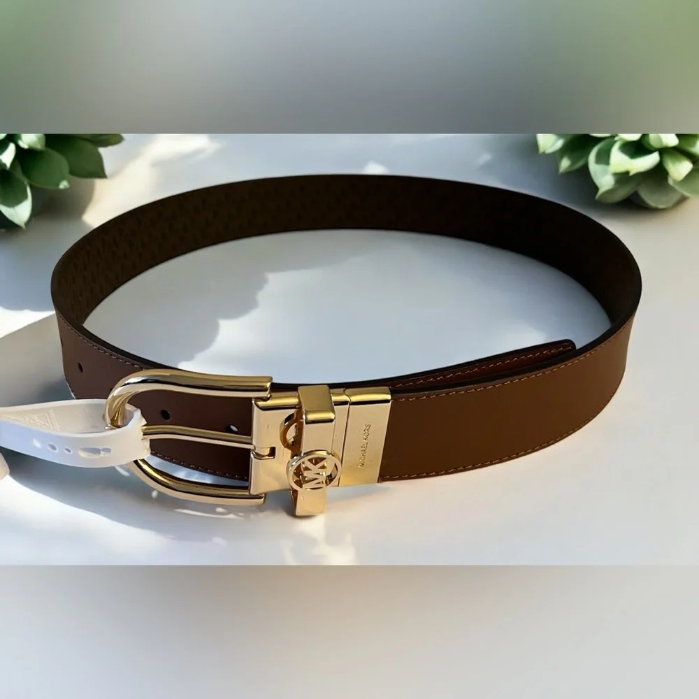Michael Kors Brown Leather Belt with Gold Buckle Size Large